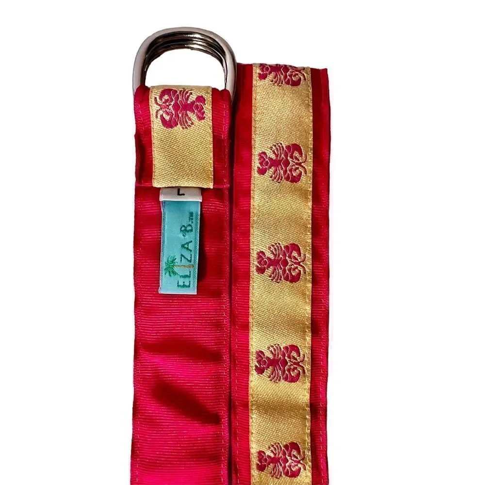 Eliza B Belt Yellow Ribbon Pink Lobster Silver Ring Buckle Preppy Coastal Sz L